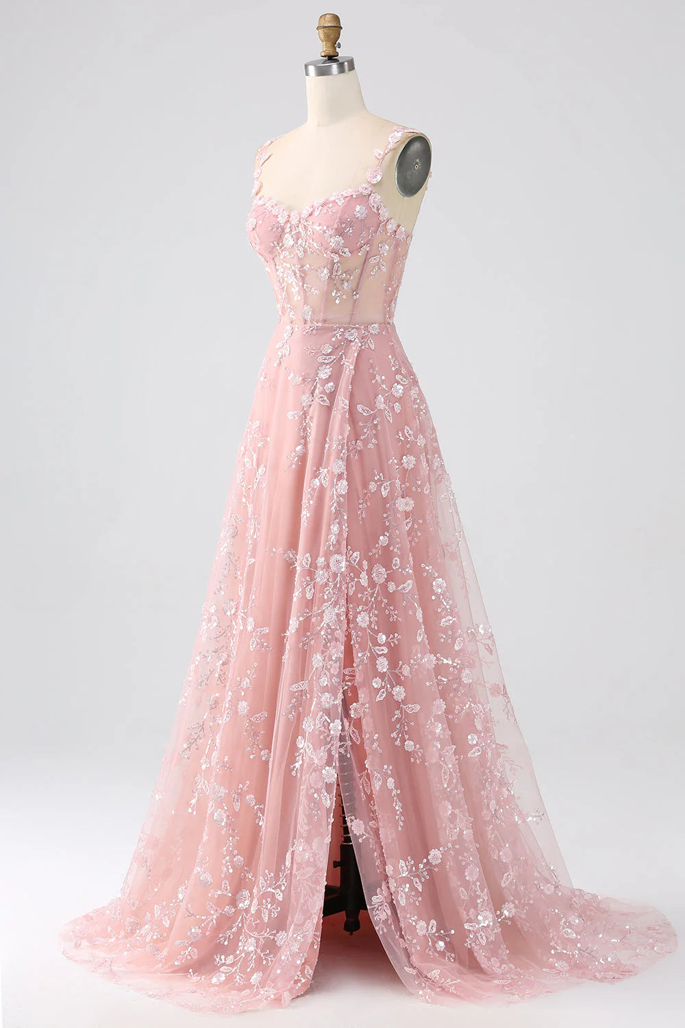 Vestido de fiesta largo Amzcw con escote en A, tirantes finos, lentejuelas brillantes y corsé con abertura
