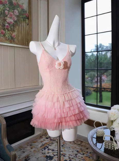 Whimsical A Line Spaghetti Strap V Neck Lace and Tulle Ombre Short Homecoming Dress with 3D Rose Accent for Formal Events