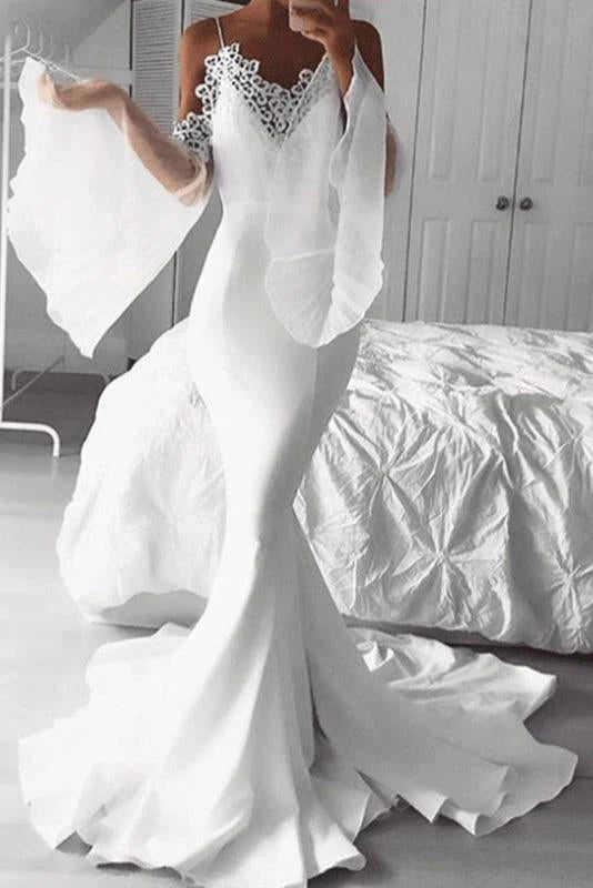 Vestidos de fiesta largos de gasa blanca con escote sirena y hombros descubiertos, mangas acampanadas, vestidos de noche