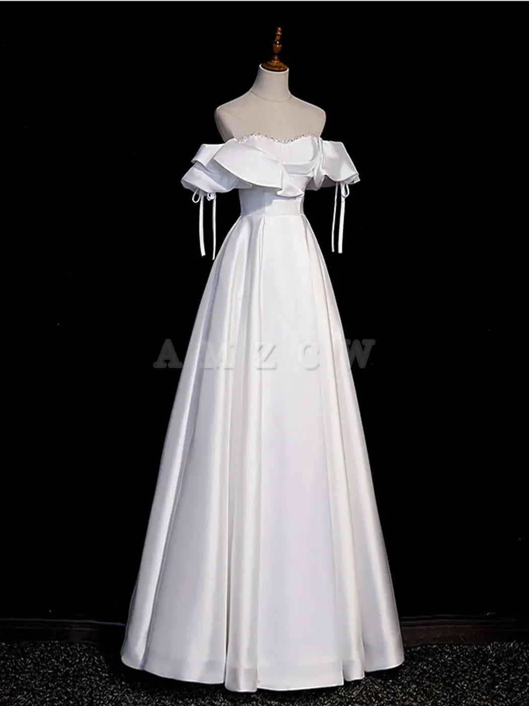 Vestidos de fiesta largos de satén blanco de corte A de Amzcw, vestidos de noche blancos, vestido de fiesta en tienda