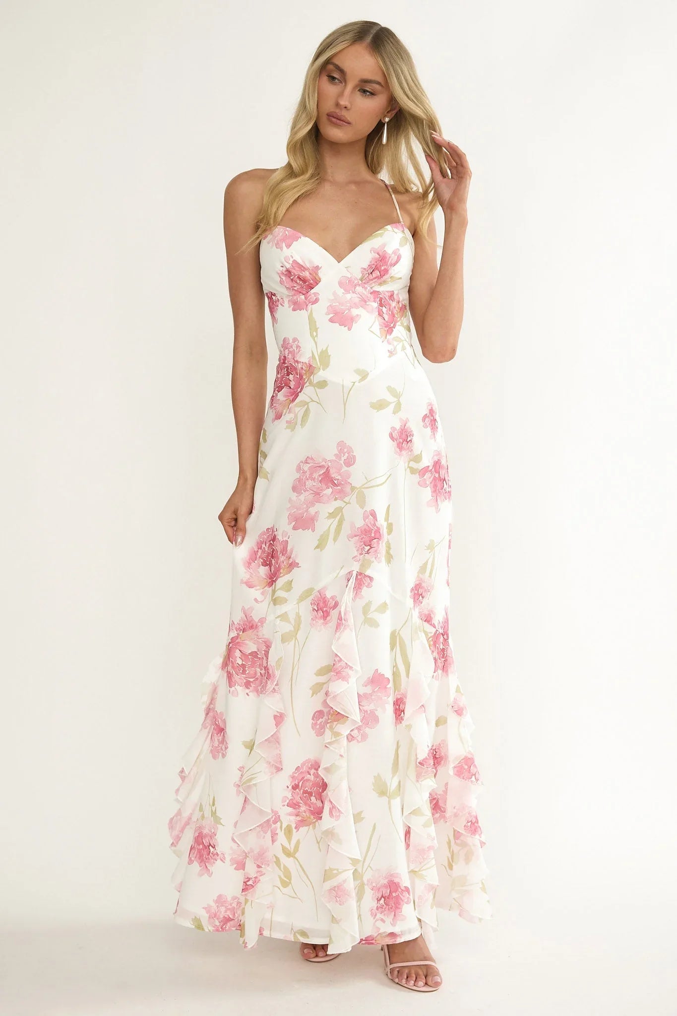 White Pink Floral Print Spaghetti Strap Lace-Up Back Ruffled Chiffon Floor Length Formal Evening Prom Dress