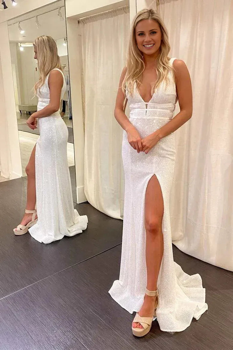 Amzcw White Sequined V-Neck Mermaid Prom Dress with Slit formal wear dresses