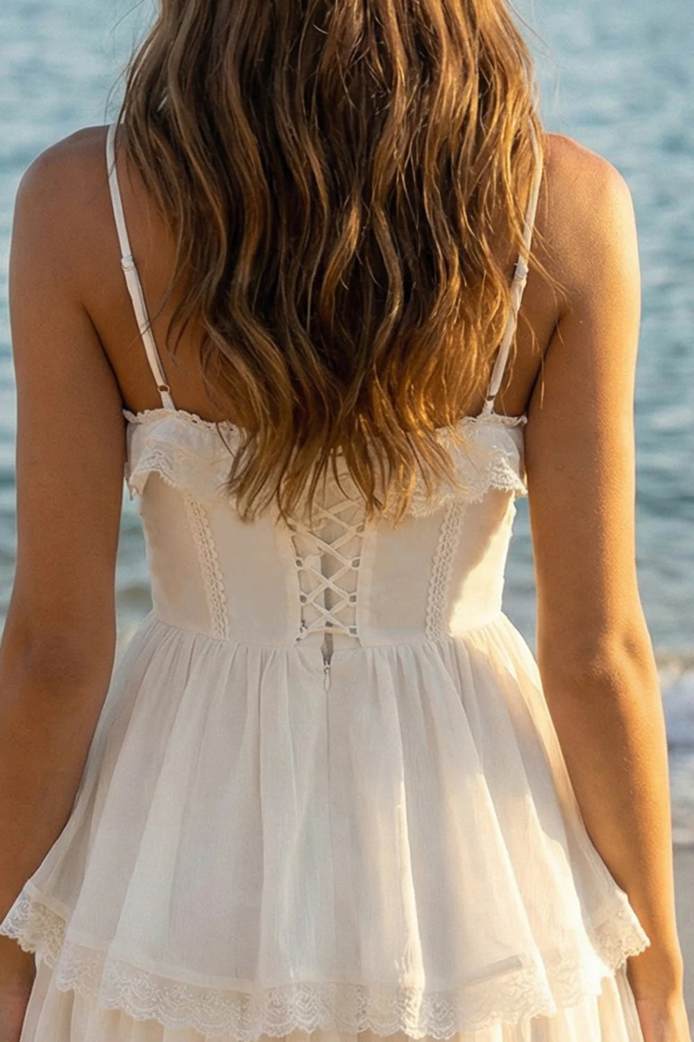 White Spaghetti Strap Corset Homecoming Dress with Lace Trim and Tiered Ruffle Skirt