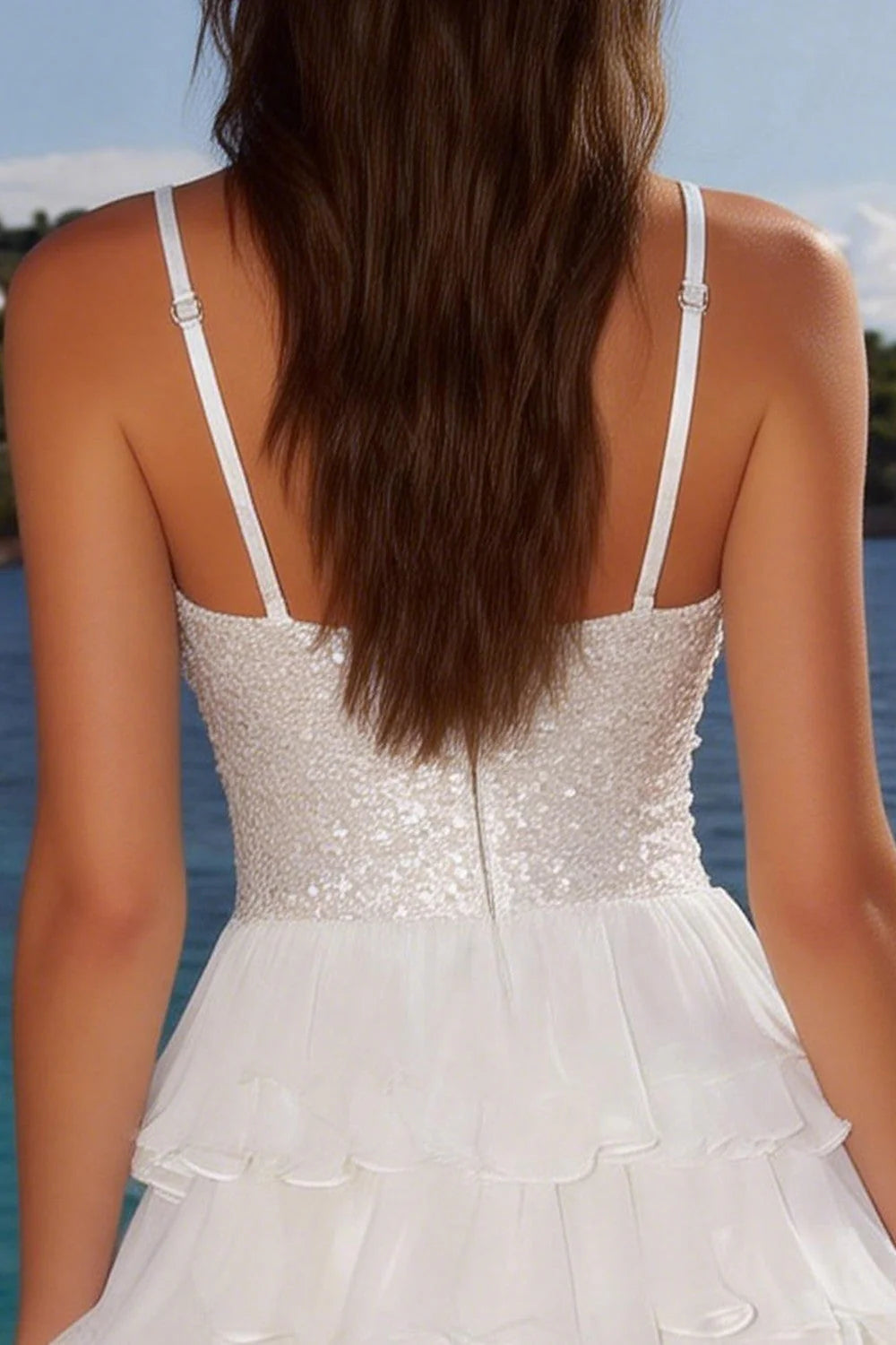 White Spaghetti Strap V-Neck Homecoming Dress with Sequin Bodice and Tiered Ruffle Chiffon Skirt