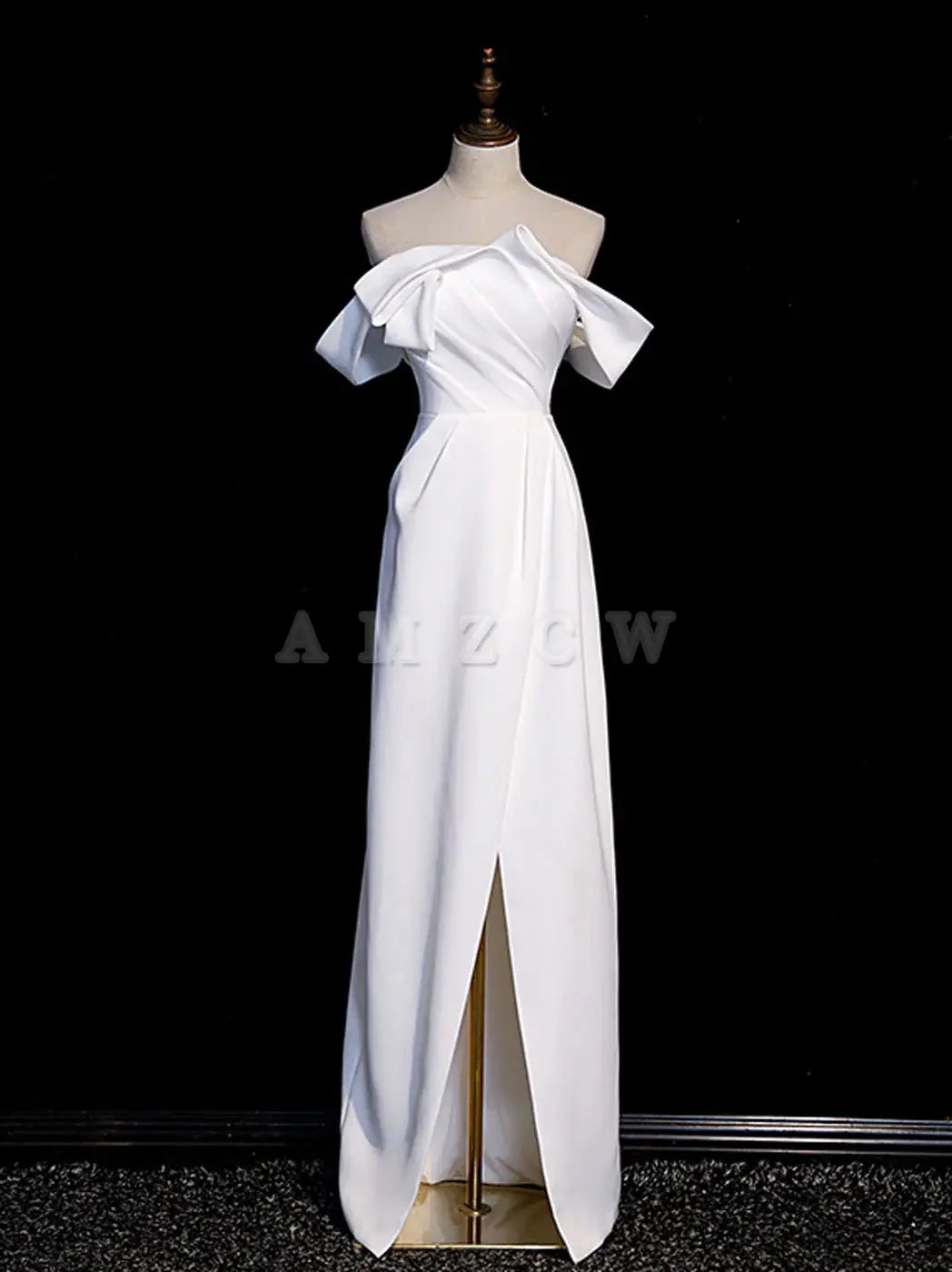 Vestido de fiesta largo de satén blanco con hombros descubiertos de Amzcw, vestido formal largo blanco, vestido de fiesta en tienda