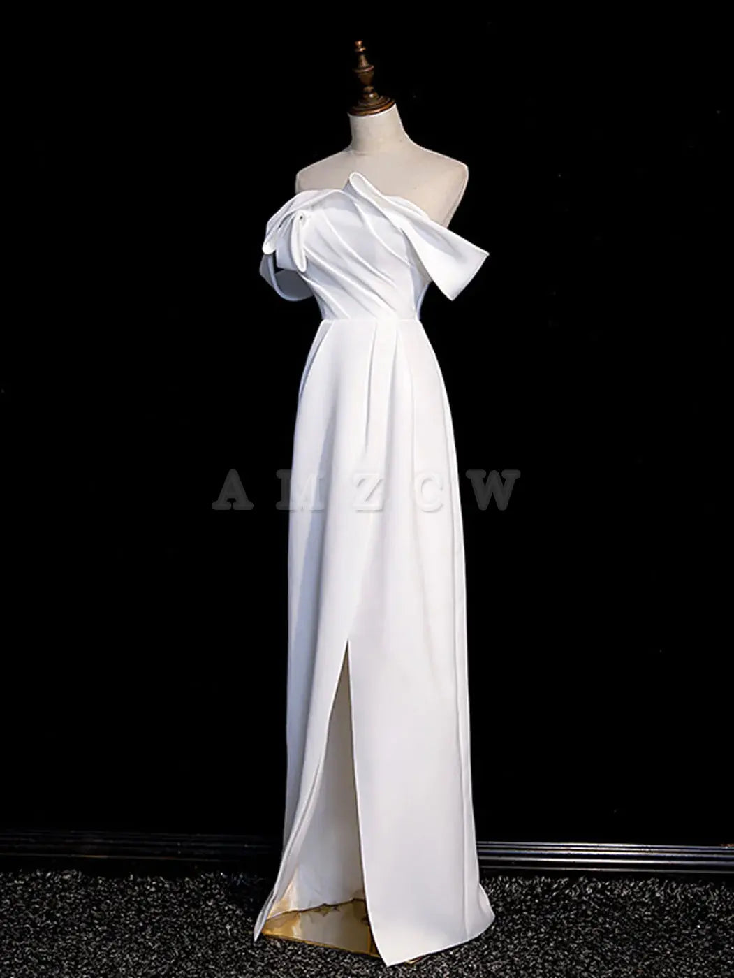 Vestido de fiesta largo de satén blanco con hombros descubiertos de Amzcw, vestido formal largo blanco, vestido de fiesta en tienda