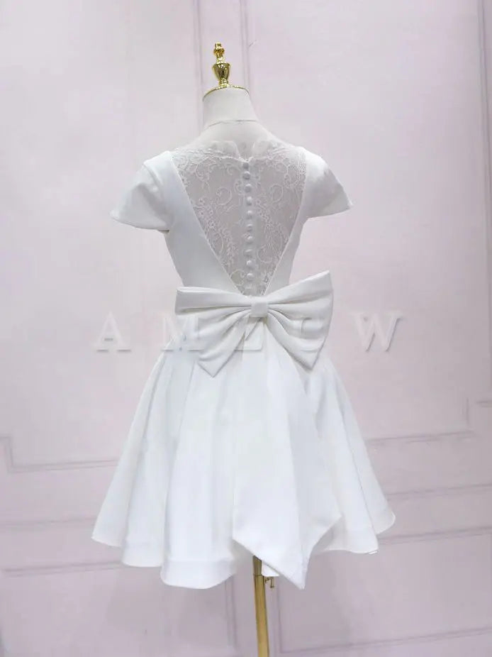 Amzcw White v neck satin lace short prom dress white homecoming dress stores with prom dresses