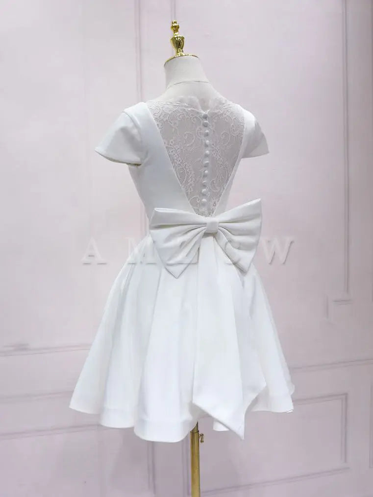 Amzcw White v neck satin lace short prom dress white homecoming dress stores with prom dresses