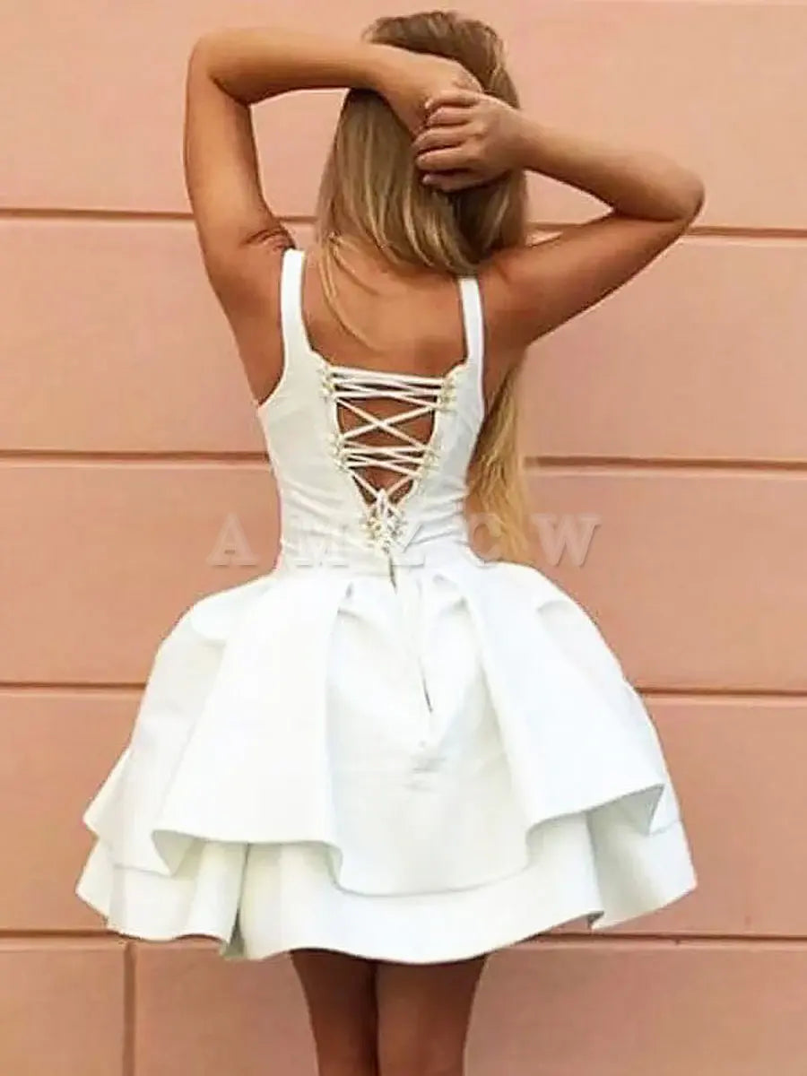 Amzcw White v neck satin short prom dress white homecoming dress formal wear dresses
