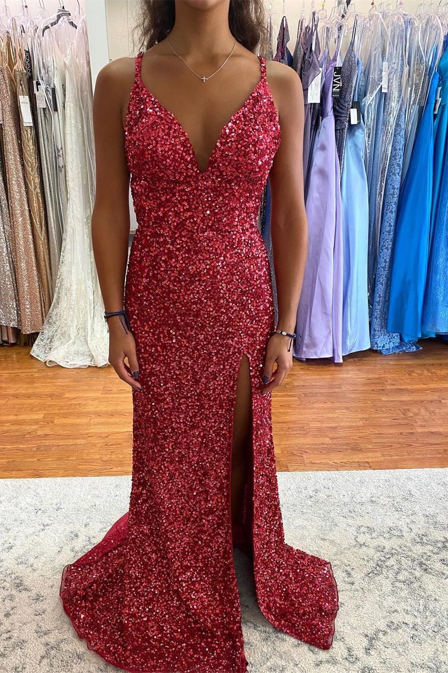 Amzcw Wine Red Sequins Mermaid Slit Long Formal Dress formal wear dresses