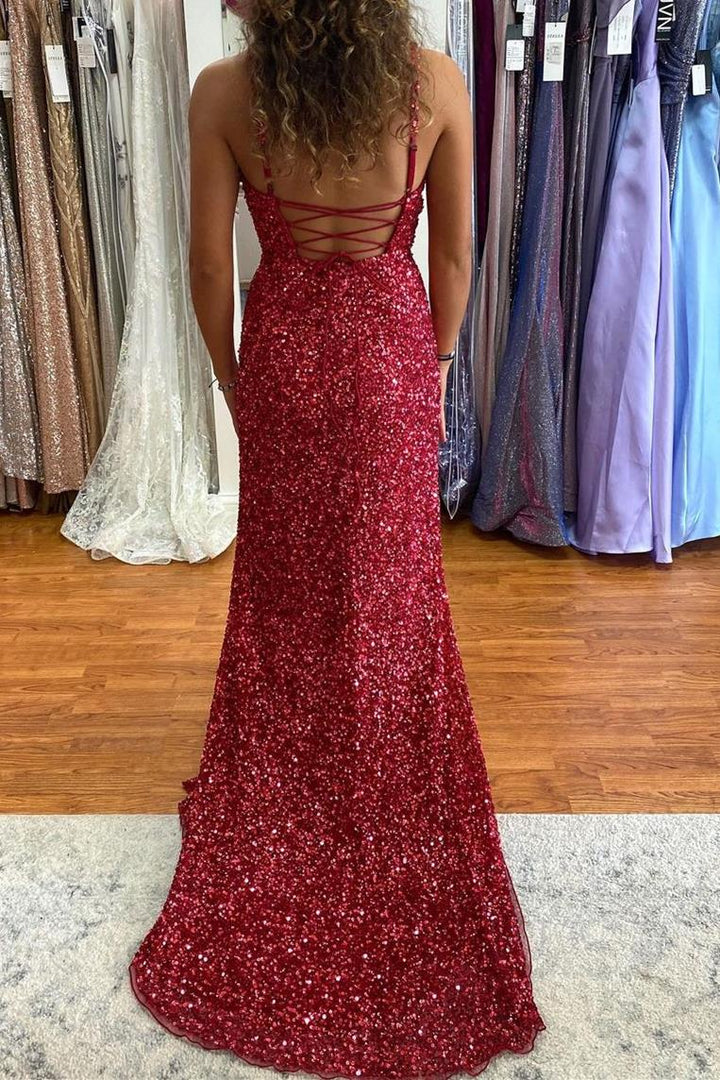 Amzcw Wine Red Sequins Mermaid Slit Long Formal Dress formal wear dresses