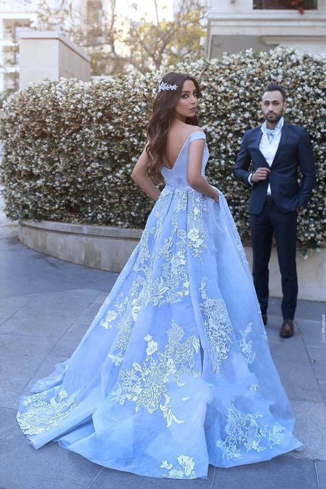 Wonderful Off-the-shoulder Ball Gown Formal Blue Lace Appliques Long Quinceanera Dresses