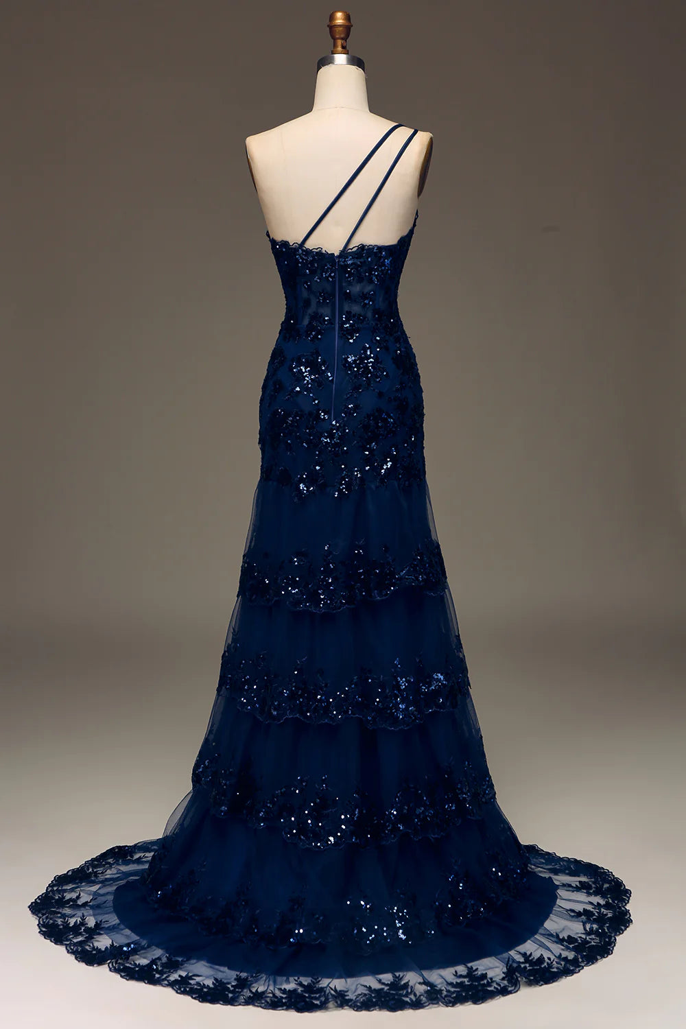 Amzcw Sparkly Dark Navy Tiered Lace One Shoulder Long Prom Dress with Slit