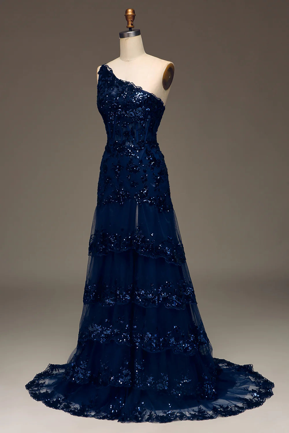 Amzcw Sparkly Dark Navy Tiered Lace One Shoulder Long Prom Dress with Slit