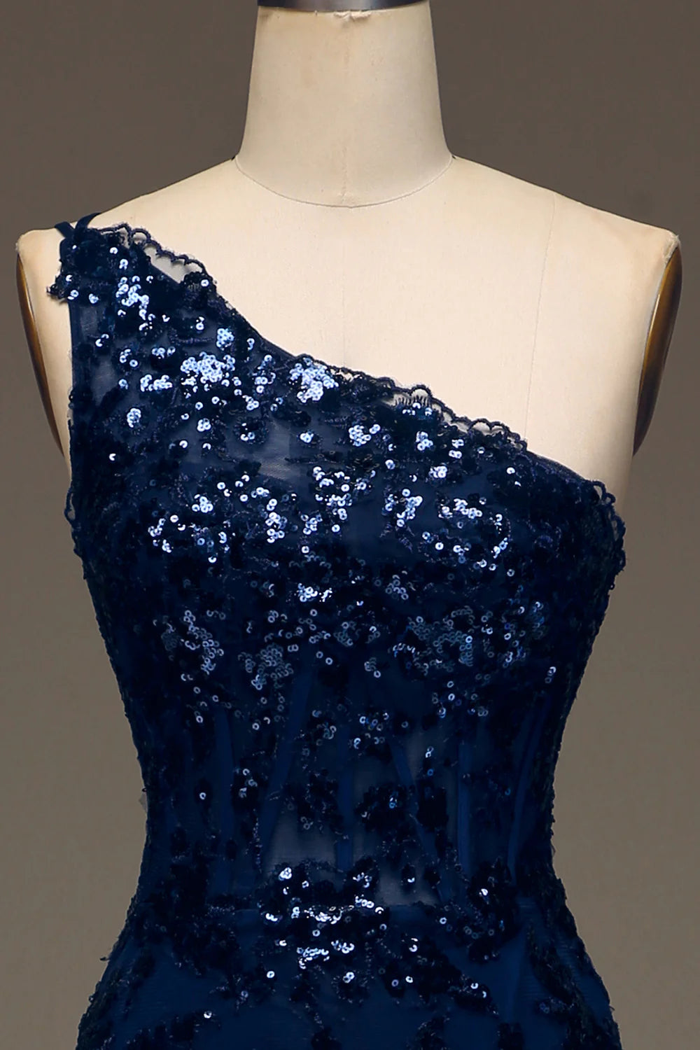 Amzcw Sparkly Dark Navy Tiered Lace One Shoulder Long Prom Dress with Slit