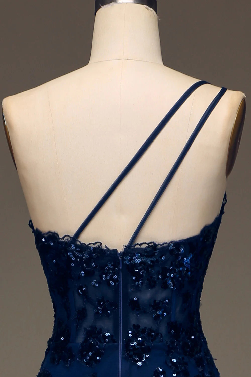 Amzcw Sparkly Dark Navy Tiered Lace One Shoulder Long Prom Dress with Slit