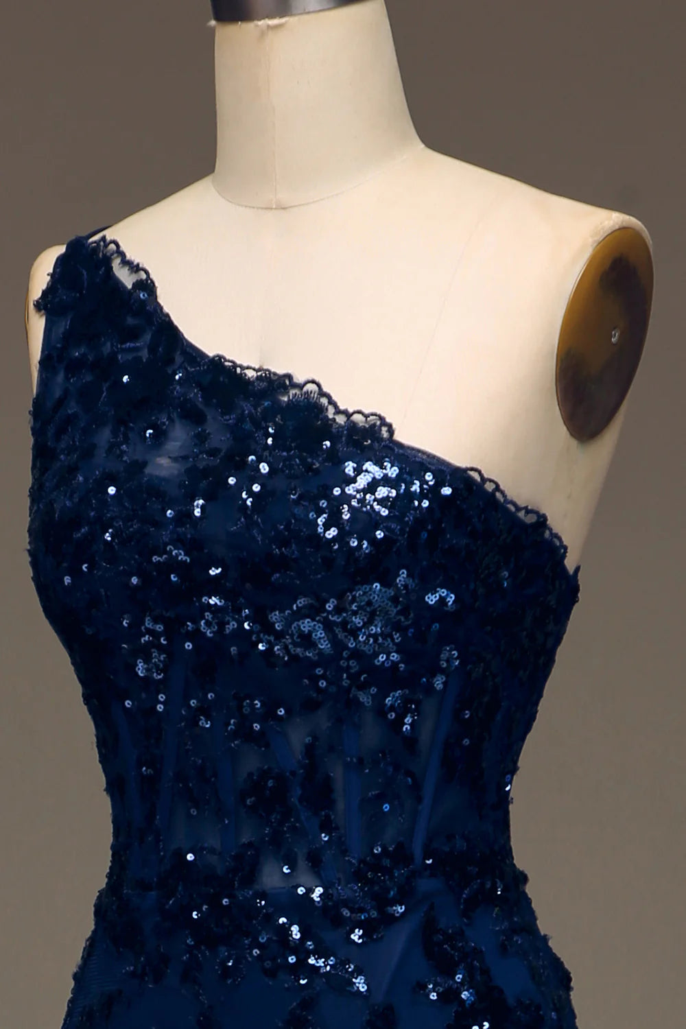 Amzcw Sparkly Dark Navy Tiered Lace One Shoulder Long Prom Dress with Slit