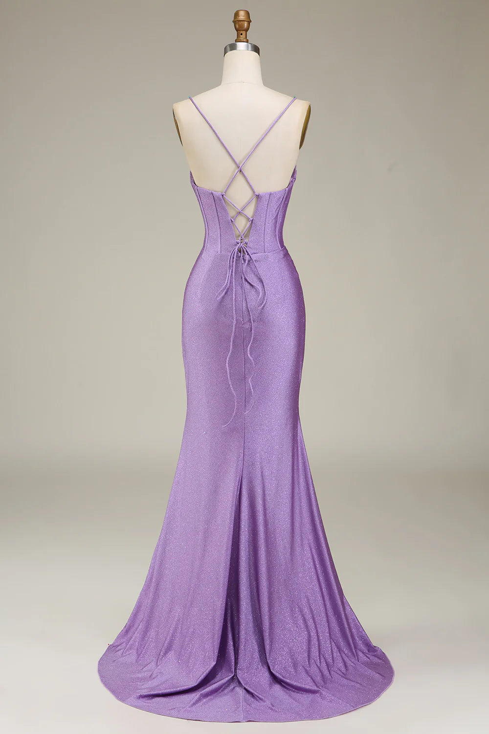 Amzcw Lilac Mermaid Spaghetti Straps Satin Corset Prom Dress with Slit prom dresses with long sleeves