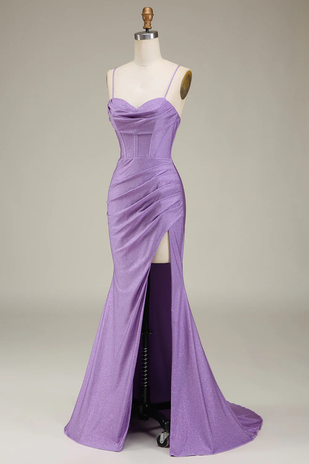 Amzcw Lilac Mermaid Spaghetti Straps Satin Corset Prom Dress with Slit prom dresses with long sleeves