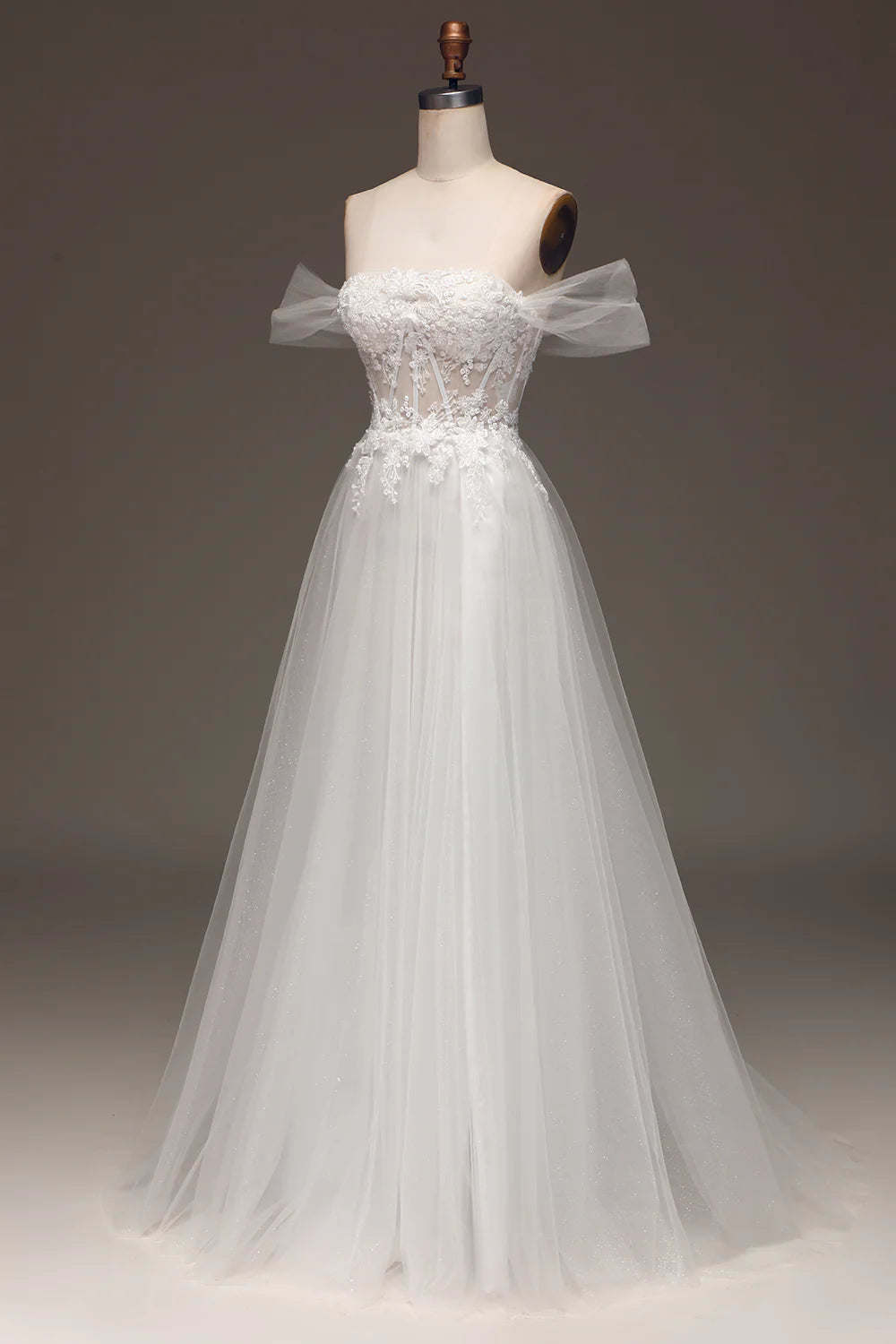 Amzcw White Off the Shoulder A Line Corset Wedding Dress with Appliques
