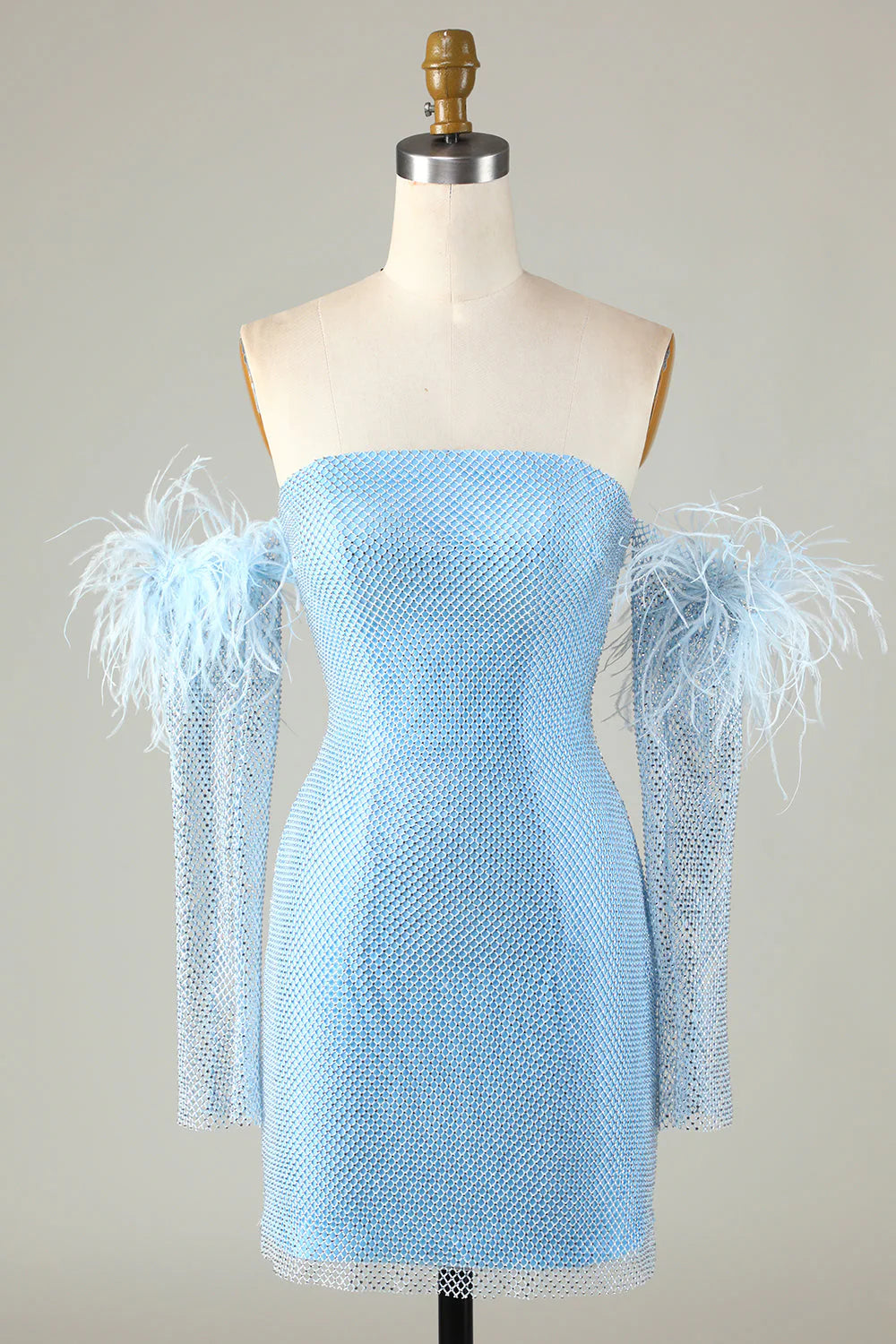 Amzcw Blue Tight Beaded Short Homecoming Dress With Detachable Sleeves