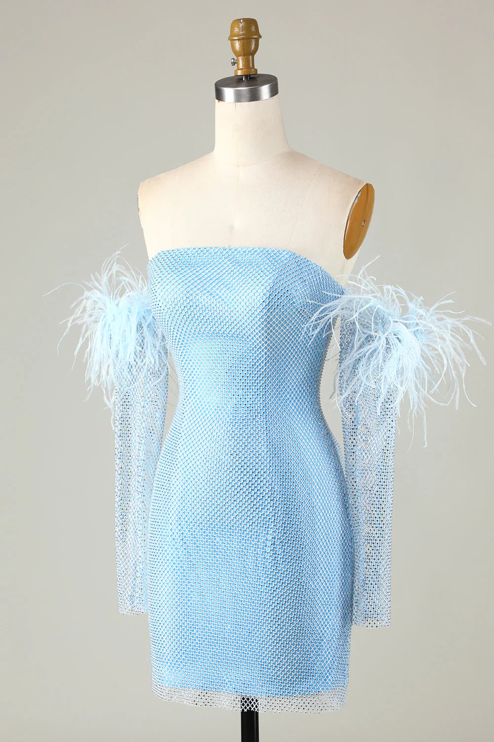 Amzcw Blue Tight Beaded Short Homecoming Dress With Detachable Sleeves