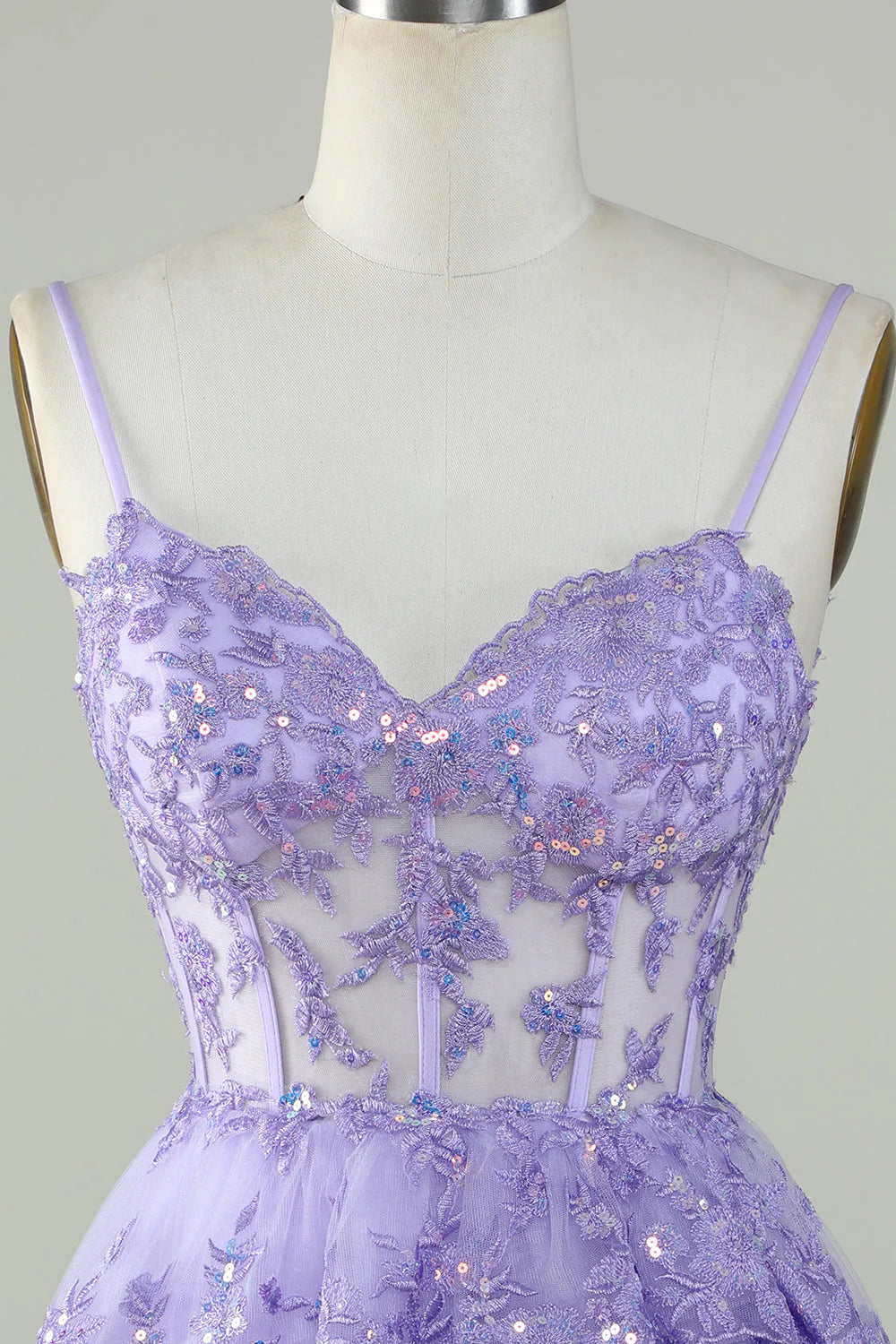 Amzcw Sparkly Purple A Line Spaghetti Straps Tiered Corset Short Homecoming Dress