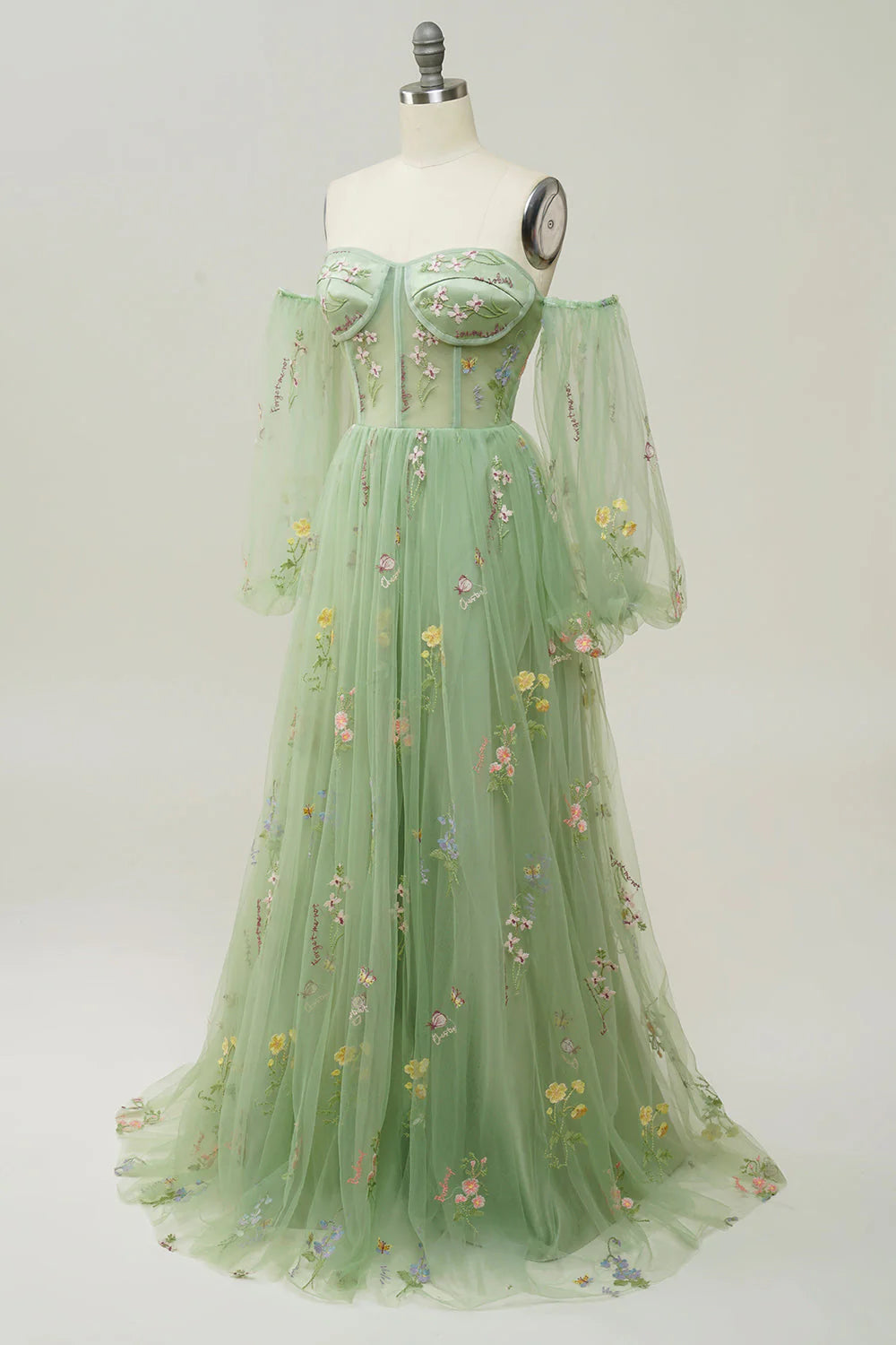 Amzcw Green A-Line Off The Shoulder Floor Length Dress With Embroidery prom dresses shops