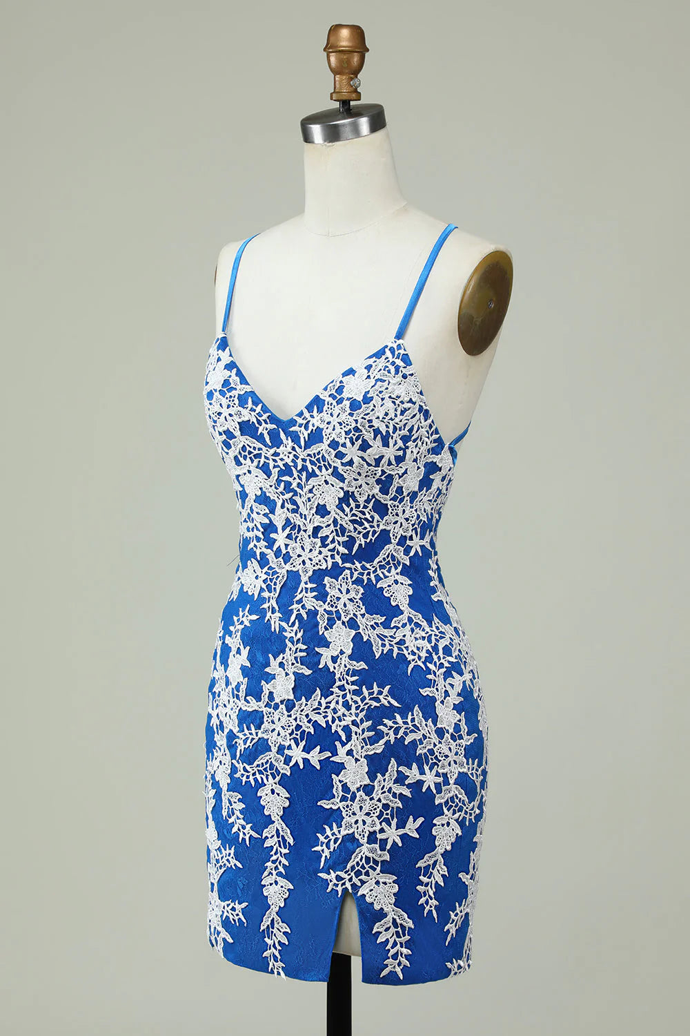 Amzcw Spaghetti Straps Blue Sheath Homecoming Dress With Appliques