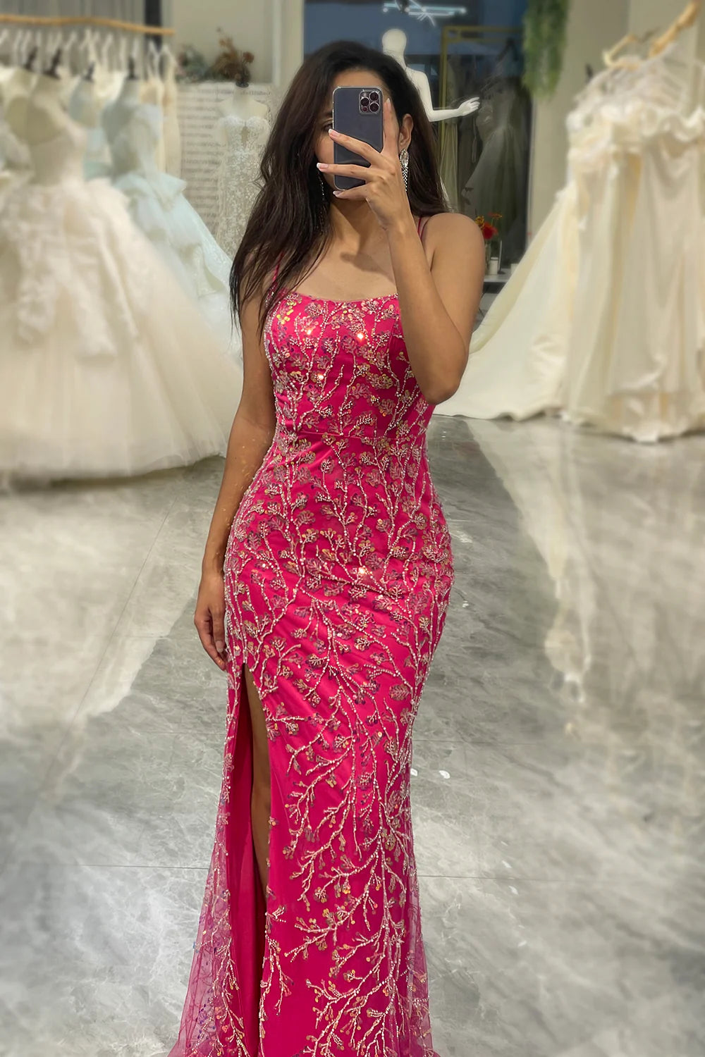 Amzcw Sparkly Fuchsia Mermaid Long Sequins Prom Dress With Slit prom dresses with long sleeves