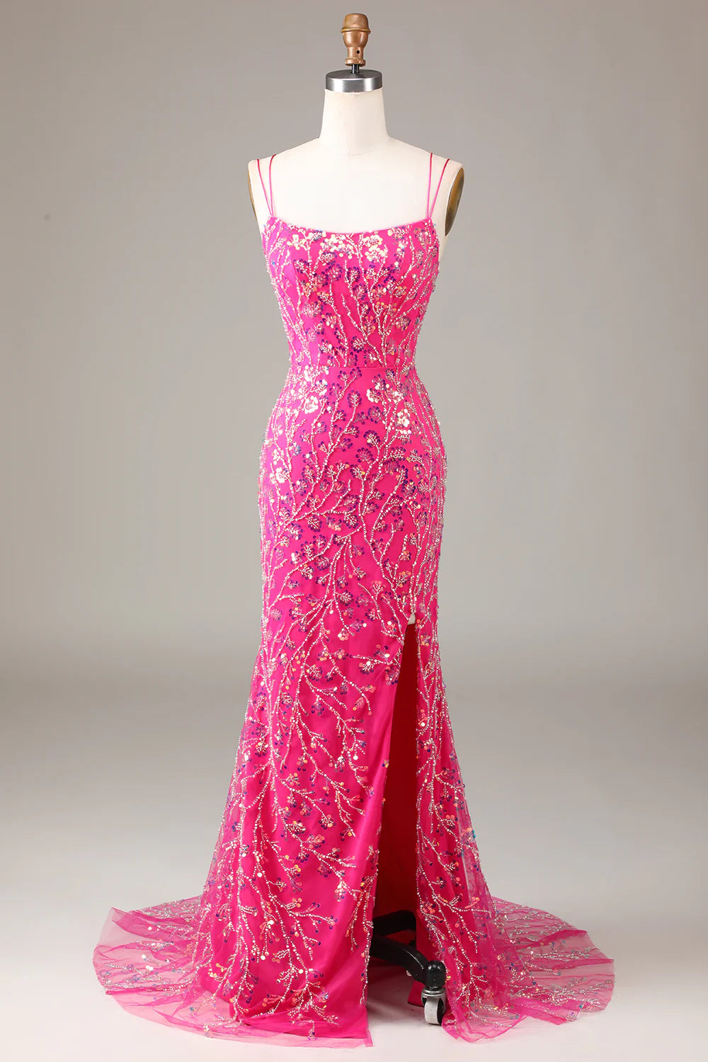 Vestido de fiesta largo Amzcw con tirantes finos, lentejuelas y abertura frontal en fucsia brillante con mangas