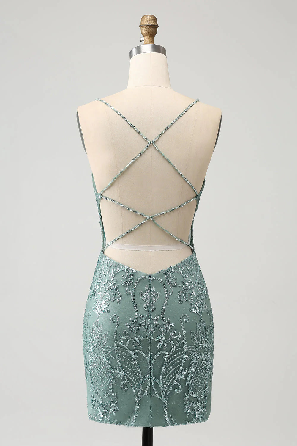 Amzcw Green Bodycon Beaded Backless Short Homecoming Dress with Criss Cross Back