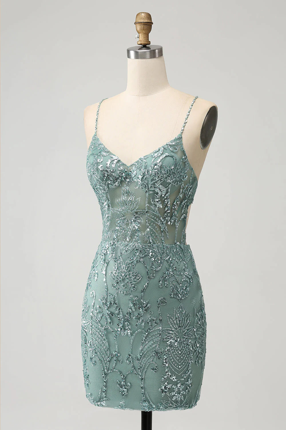 Amzcw Green Bodycon Beaded Backless Short Homecoming Dress with Criss Cross Back