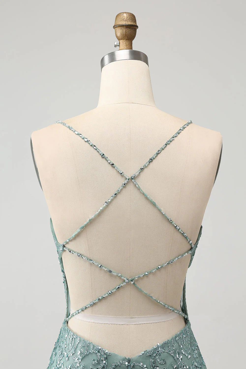 Amzcw Green Bodycon Beaded Backless Short Homecoming Dress with Criss Cross Back