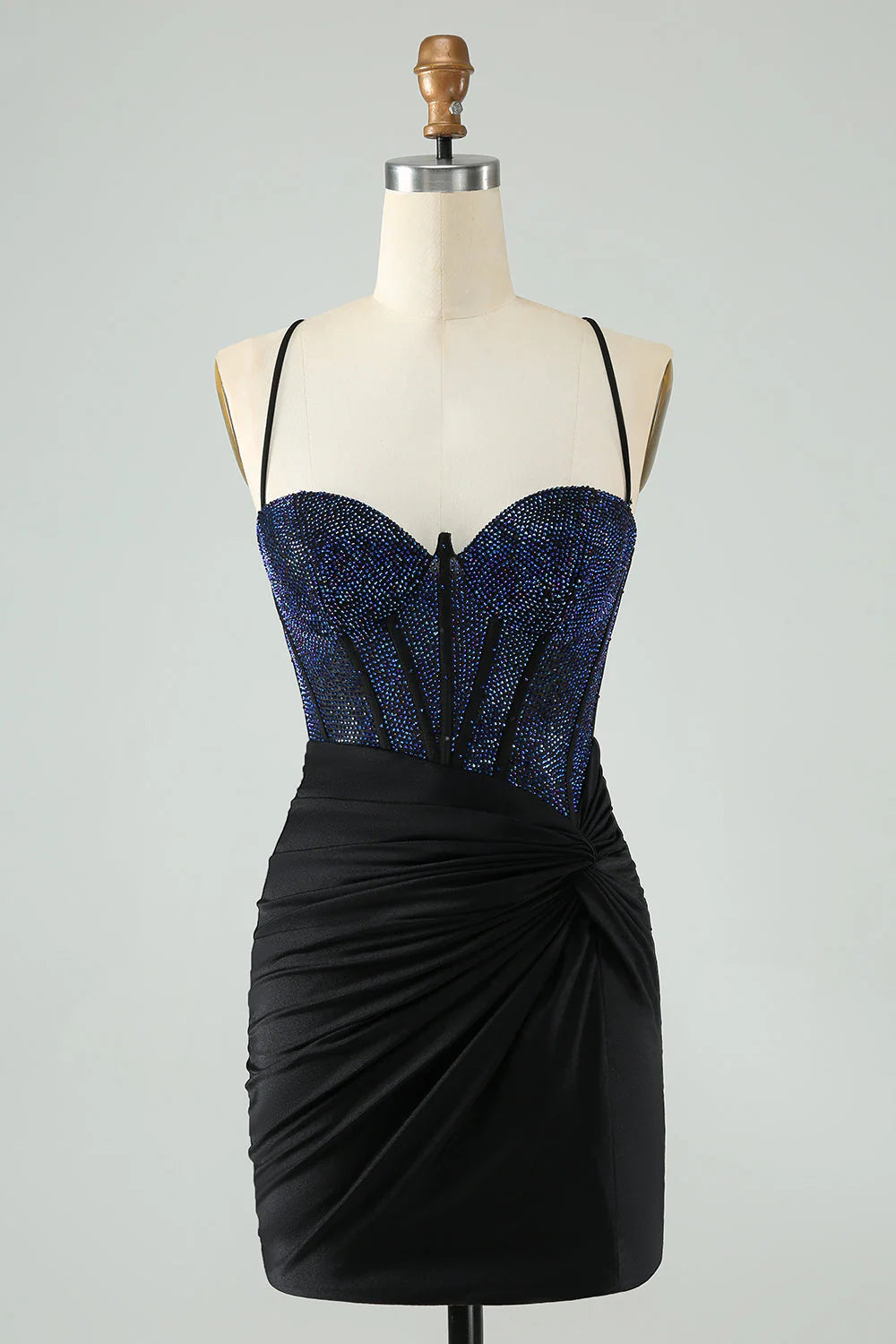 Amzcw Glitter Black Spaghetti Straps Ruched Corset Tight Homecoming Dress with Beading