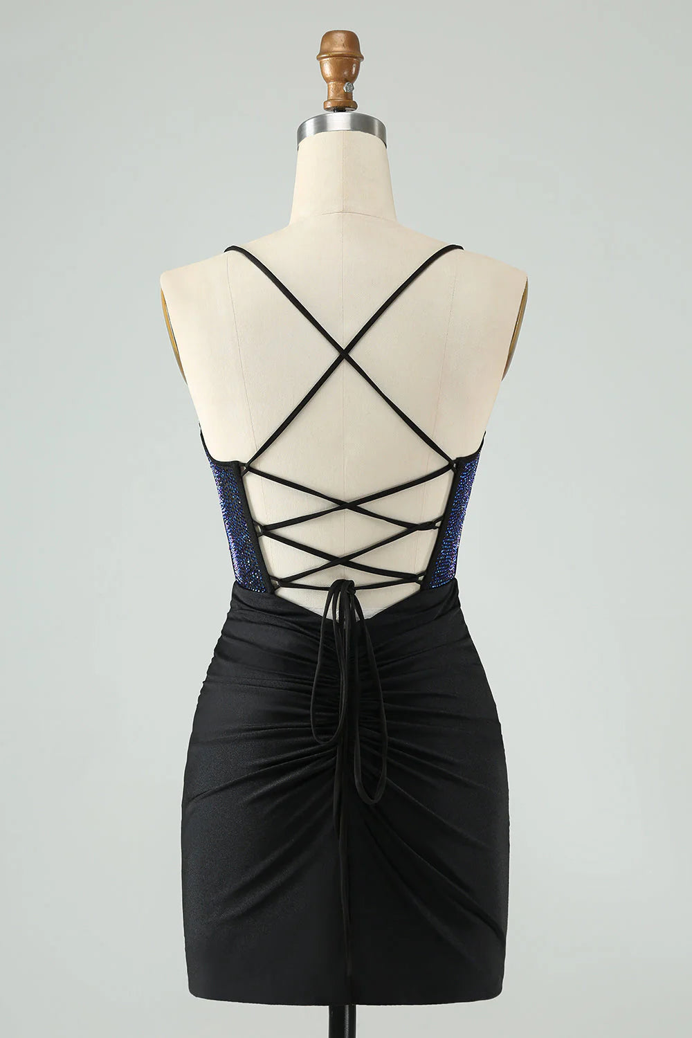 Amzcw Glitter Black Spaghetti Straps Ruched Corset Tight Homecoming Dress with Beading