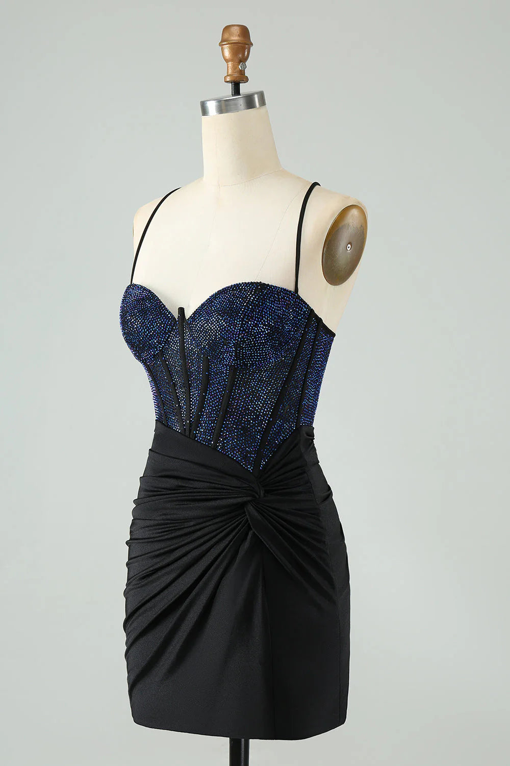 Amzcw Glitter Black Spaghetti Straps Ruched Corset Tight Homecoming Dress with Beading