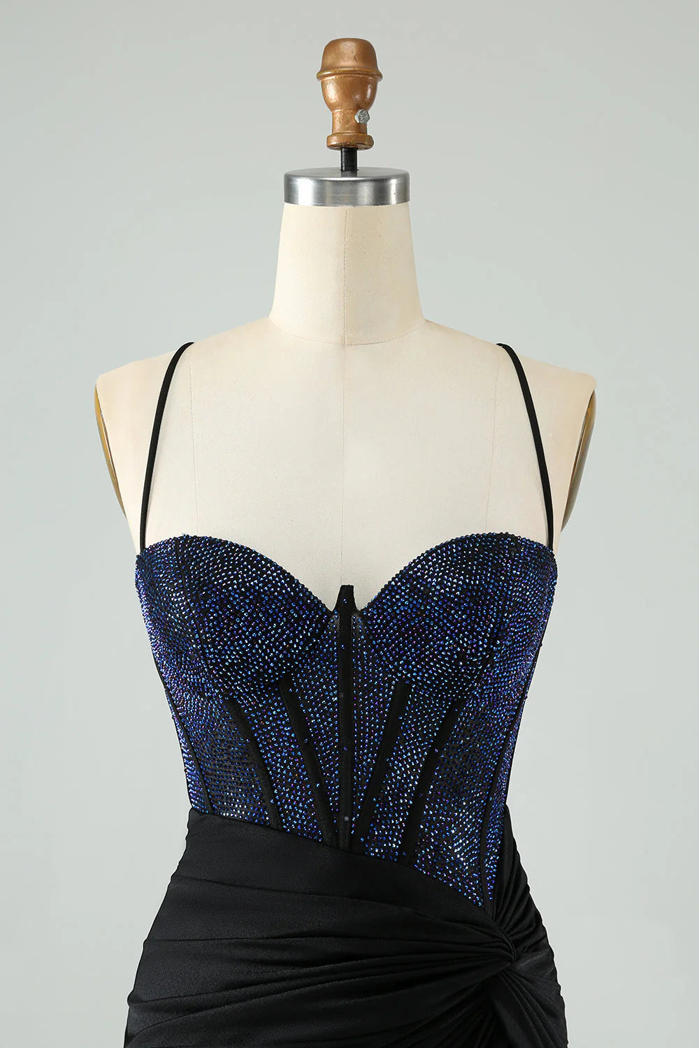 Amzcw Glitter Black Spaghetti Straps Ruched Corset Tight Homecoming Dress with Beading