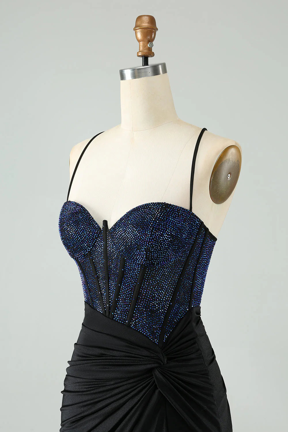 Amzcw Glitter Black Spaghetti Straps Ruched Corset Tight Homecoming Dress with Beading