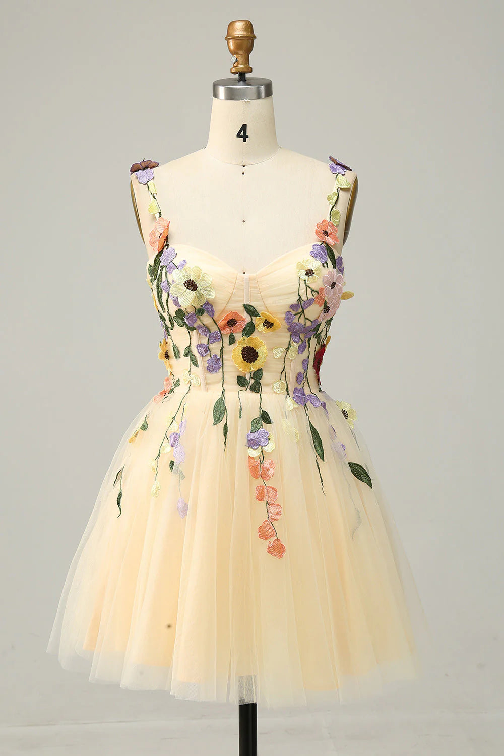 Amzcw Champagne A Line Spaghetti Straps Short Homecoming Dress with Appliques