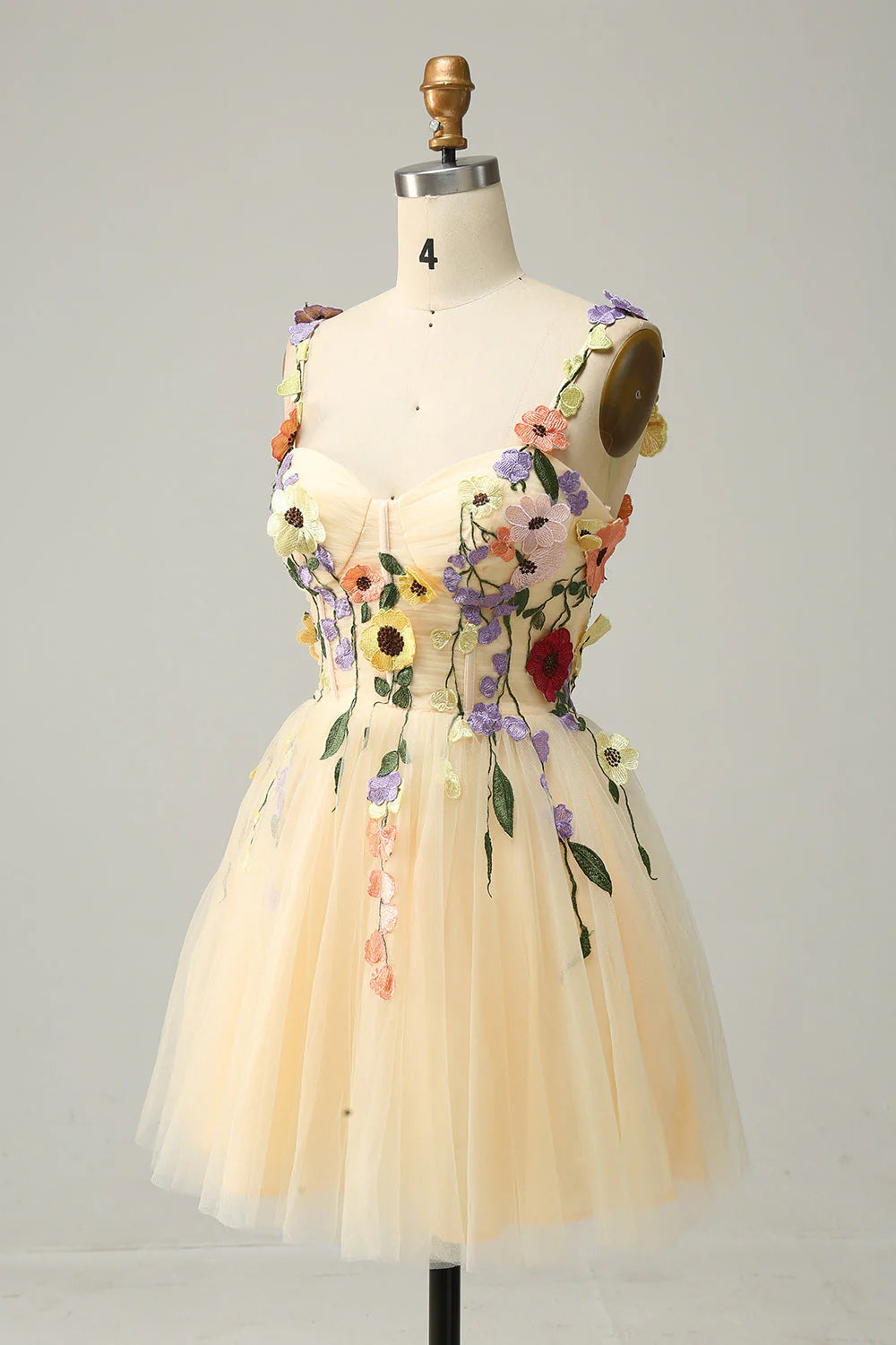 Amzcw Champagne A Line Spaghetti Straps Short Homecoming Dress with Appliques