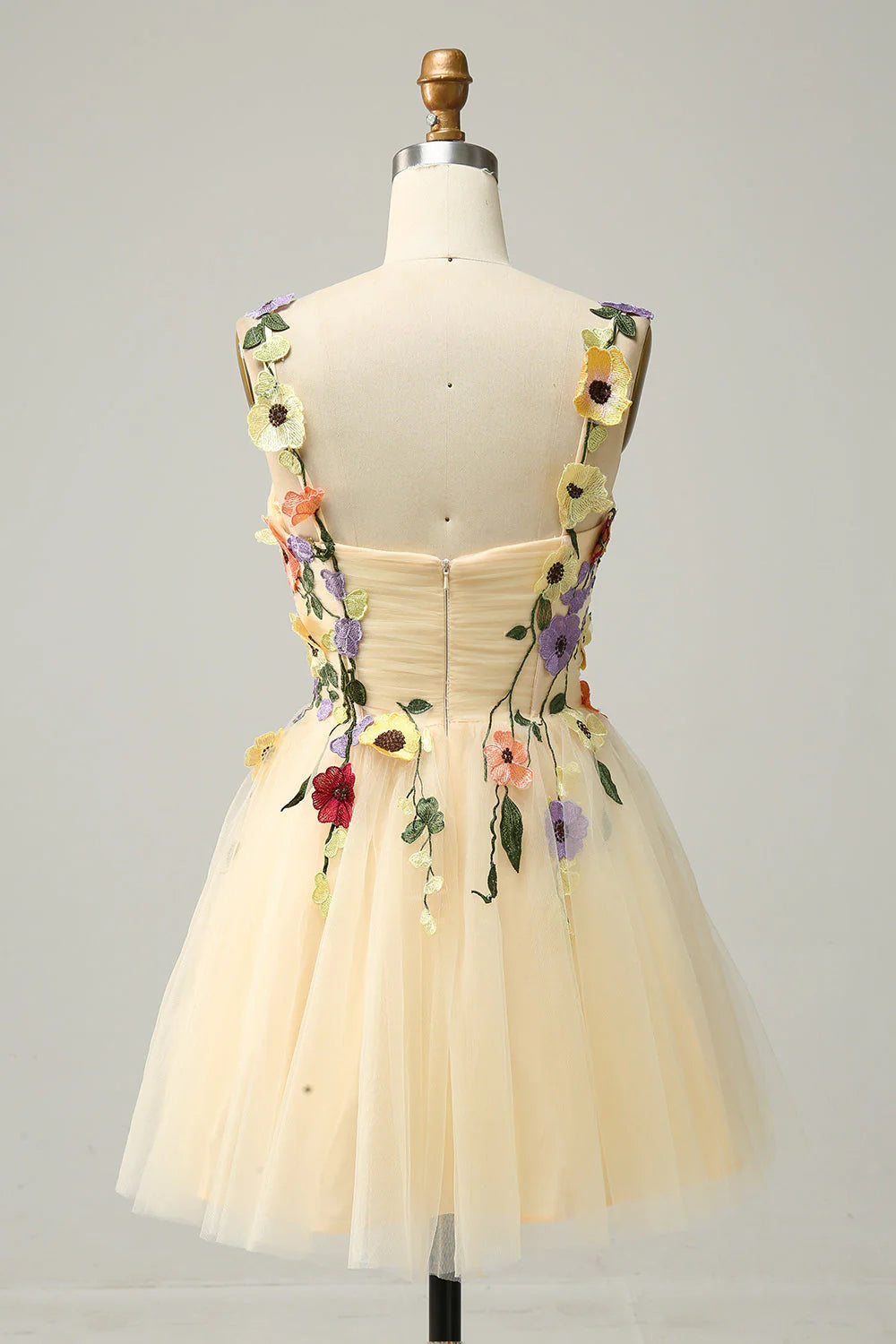 Amzcw Champagne A Line Spaghetti Straps Short Homecoming Dress with Appliques