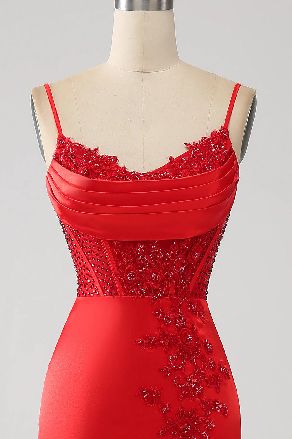 Vestido de fiesta Amzcw de sirena roja con tirantes finos de satén y cuentas con abertura, vestidos de fiesta con mangas largas
