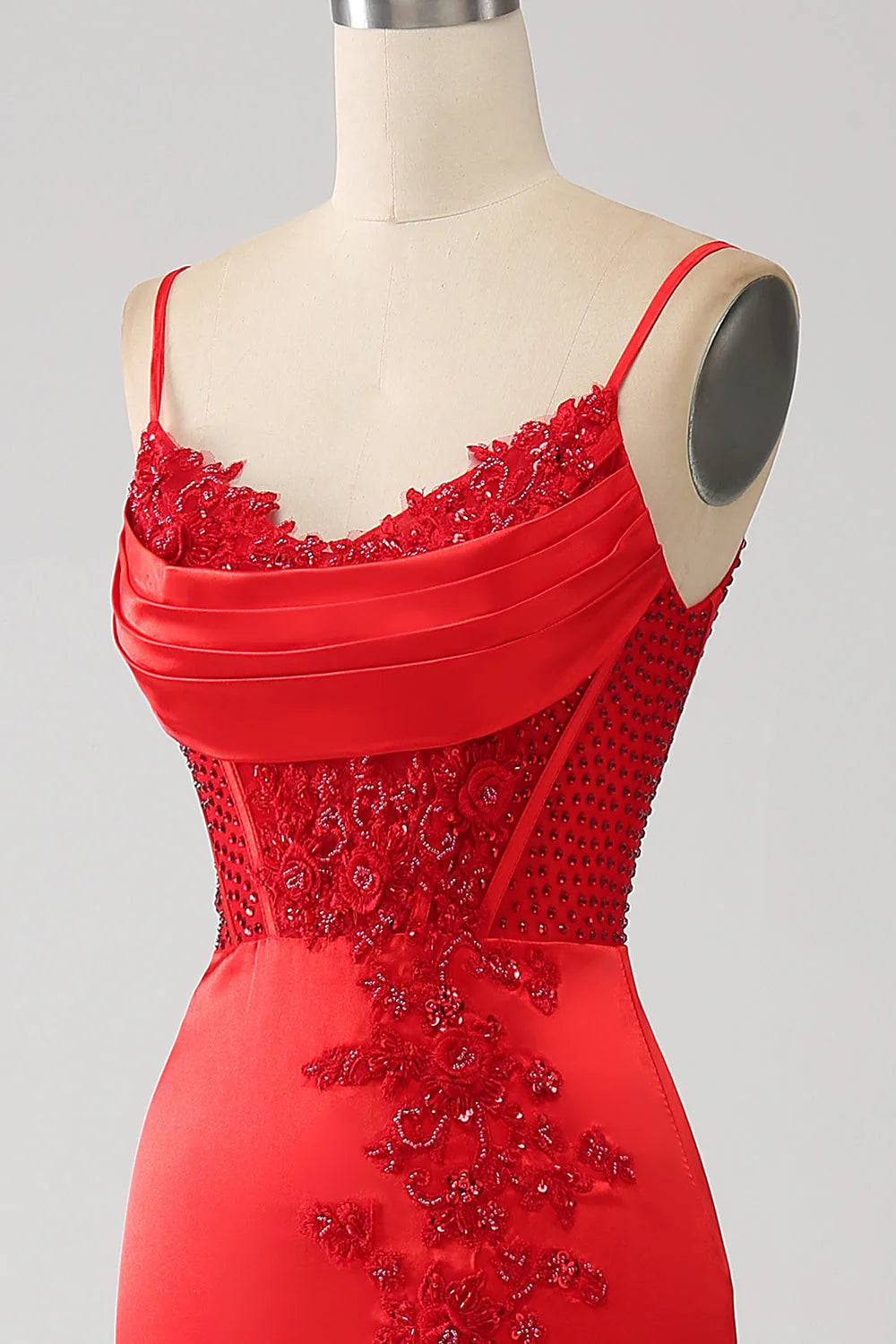 Vestido de fiesta Amzcw de sirena roja con tirantes finos de satén y cuentas con abertura, vestidos de fiesta con mangas largas