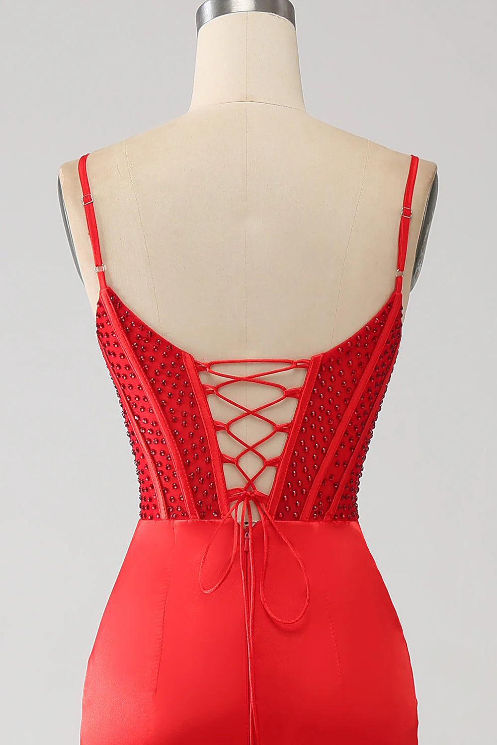 Amzcw Red Mermaid Spaghetti Straps Satin Beaded Prom Dress with Slit