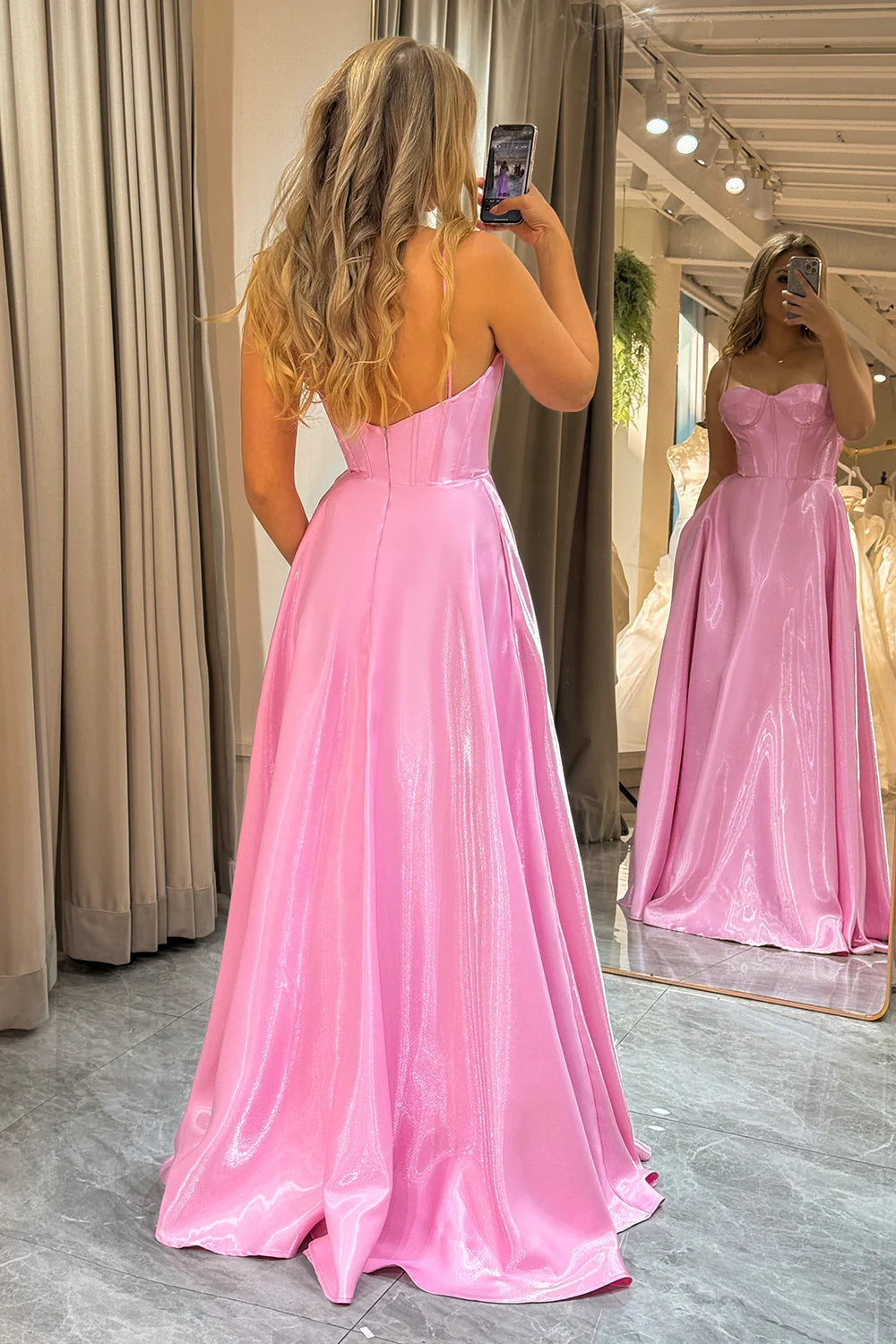 Amzcw Pink A-Line Spaghetti Straps Floor Length Corset Prom Dress prom dresses with long sleeves