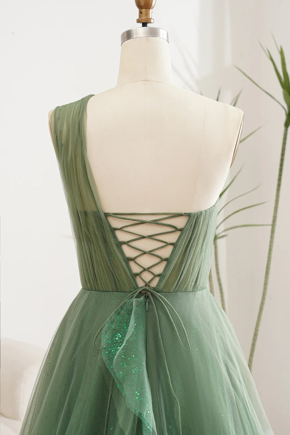 Amzcw Dark Green A-Line One Shoulder Tulle Long Prom Dress With Slit