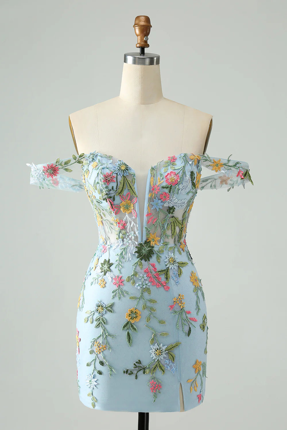 Amzcw Blue Flower Mermaid Off The Shoulder Corset Short Homecoming Dress with Embroidery