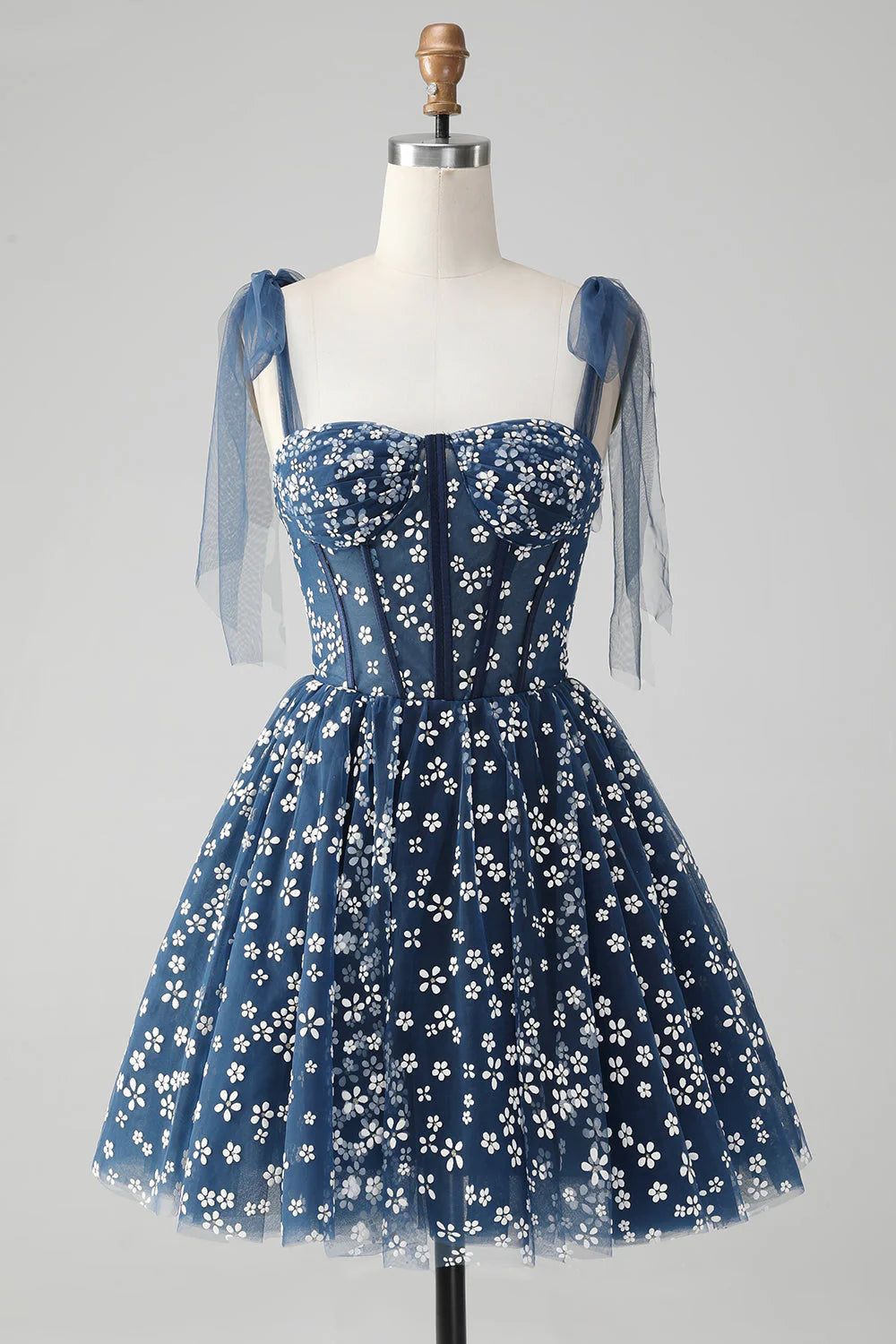 Amzcw Cute A Line Spaghetti Straps Print Corset Navy Short Homecoming Dress