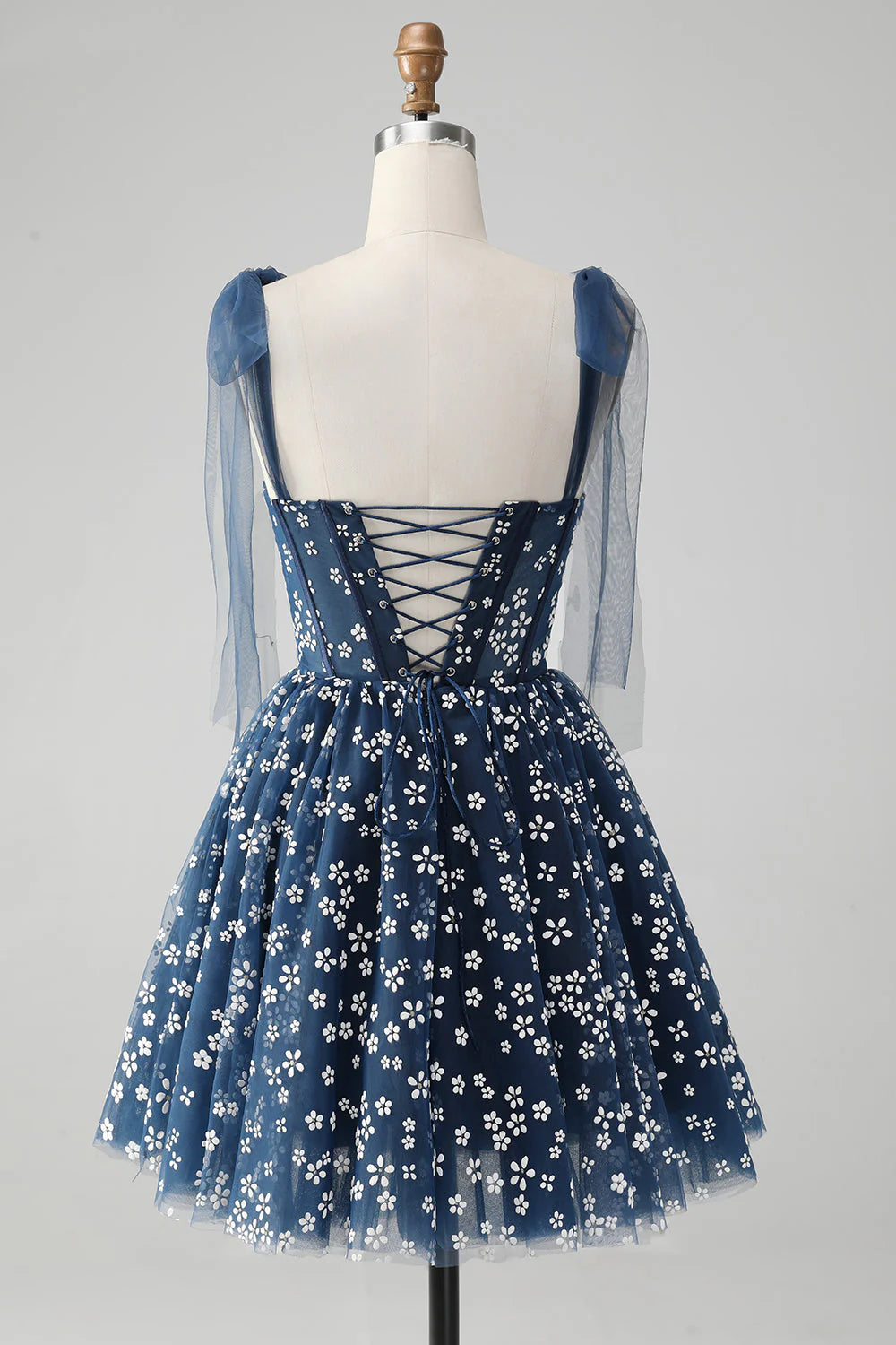 Amzcw Cute A Line Spaghetti Straps Print Corset Navy Short Homecoming Dress
